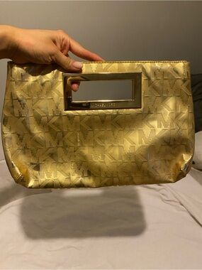 Michael Kors Metallic Gold MK Logo Cutout Handle Clutch